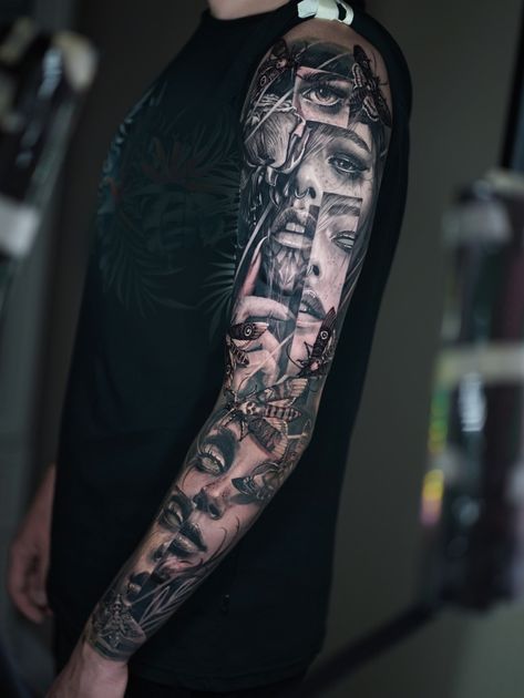 Fascinating black and grey realism by Maksim Melnik | iNKPPL Surrealism Sleeve Tattoo, Black And Grey Realism Tattoo Sleeve, Advance Black And Grey Tattoo, Shaded Tattoo Ideas, Realistic Tattoo Sleeve Men, Black And White Realism Tattoos, Black And Grey Realism Tattoo Design, Dark Realism Tattoo, Female Sleeve Tattoos