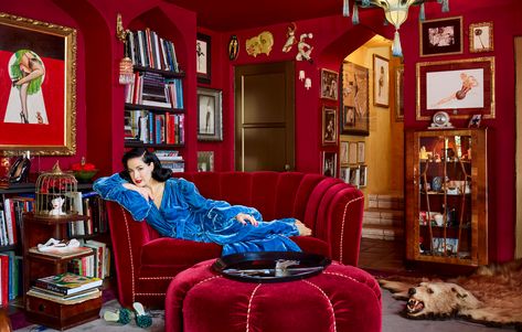 Dita Von Teese Home, Green Appliances, Idda Van Munster, Velvet Furniture, Blue Couches, British Racing Green, Red Rooms, Dita Von, Dita Von Teese