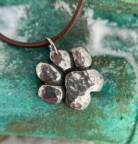 Chunky Paw Print Necklace, Pet Lover Pendant, Dog Mom Gift, Hand Cast Pewter, Rustic Hammered Texture Paw Print Pendant, Paw Print Necklace, Teal Leather, Wooden Pendant, Dog Mom Gifts, Hand Cast, Jade Pendant, Jewelry Pendant, Olive Wood