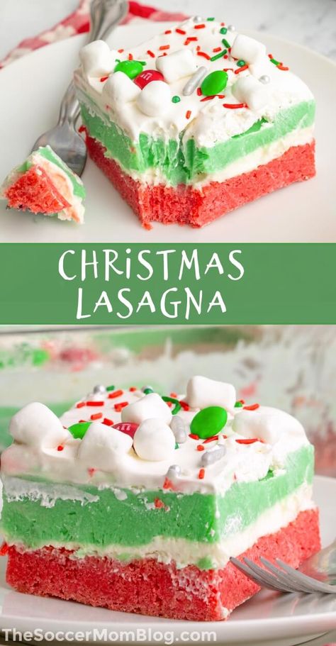 Serve up the holiday cheer with this colorful Christmas Lasagna — a decadent dessert lasagna with layers of cookie, cheesecake, and pudding! Lasagna Cake, Christmas Lasagna, Peppermint Cheesecake, Quick Dessert Recipes, Easy To Make Desserts, Dessert Dishes, Köstliche Desserts, Christmas Cooking, Desserts To Make