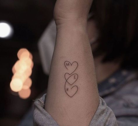 3 Heart Tattoo With Initials, Tattoo For Mother And 2 Daughters, 3 Hearts Tattoo Ideas Family, Heart Tattoo Initials, Fine Line Family Tattoo Ideas, Small Tattoos For Your Kids, Initials Tattoos For Women, Heart Initial Tattoo, 3 Initial Tattoo Ideas