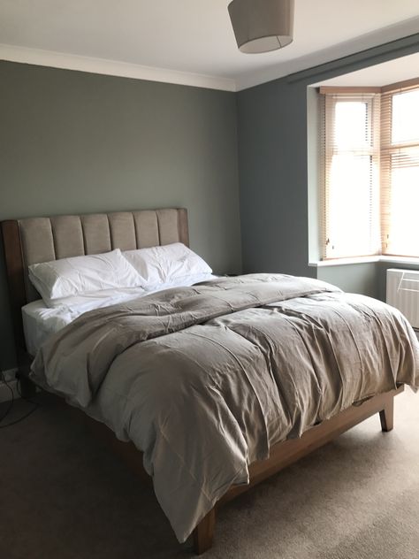 Master bedroom painted in Farrow and Ball Pigeon No. 25. Pigeon Bedroom, Farrow And Ball Pigeon, Farrow And Ball Bedroom, Basement Guest Rooms, Relaxing Bedroom, Farrow And Ball, Bedroom Color Schemes, Bedroom Paint Colors, Paint Colours