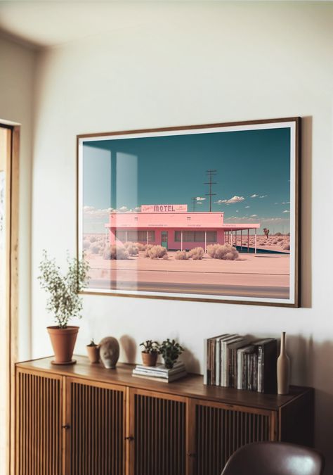 This minimalistic desert landscape print, entitled "The Dunes Motel" is print #3 of 7 in our Roadside Remains Series! This wall decor is the perfect piece for any western, southwestern, or bohemian home. The simple design is great for an entryway, or living room, and the smaller format makes a great addition to a gallery wall. Our Roadside Remains Series posters make a great gift for the road tripper in your family as they're inspired by the long-forgotten places you'll see on a road trip west! Salons Cottage, Desert Landscape Art, Vintage Retro Art, Desert Decor, Series Poster, Southwestern Decor, Western Wall Art, Western Wall, Modern Western