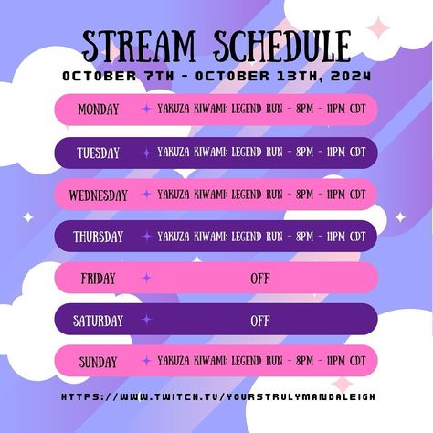 Twitch schedule for the week! Follow me so you never miss a stream. See you there! 💜 https://www.twitch.tv/yourstrulymandaleigh #gaming #twitch #vtuber #envtuber #yakuza #yakuzakiwami #likeadragon #rgg #ryugagotoku #livestream #live #pathtopartner #pathtopartnertwitch Twitch Stream Schedule, Twitch Schedule, Twitch Vtuber, Stream Schedule, Twitch Stream, Stardew Valley, Twitch Tv, Miss A, Game Night