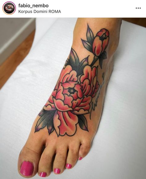 Peony Foot Tattoo, Traditional Foot Tattoo, Skin Doodles, Traditional Flower Tattoo, Flower Foot Tattoo, Flower Flash, Teacup Tattoo, Tattoo Foot, Tattoo Vintage