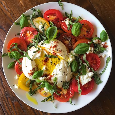 Classic Caprese Salad with Burrata: A Burst of Fresh Flavors Experience a burst of fresh flavors with our Classic Caprese Salad with Burrata! 🍅🌿🧀 This simple yet elegant dish combines juicy tomatoes, creamy burrata, and fragrant basil for a taste of Italy at home. Perfect for any occasion! 🇮🇹✨ Ingredients 4 medium ripe tomatoes, sliced (use a mix of red and yellow for added color) 1 ball of fresh burrata cheese 1/4 cup fresh basil leaves, thinly sliced 2 tablespoons extra-virgin olive oil 1... Burrata Cheese Salad, Tomato Burrata Salad, Tomatoes And Burrata, Tomato And Burrata, Salad With Burrata, Burrata Caprese, Accessories Drawing, Green Foods, Italian Dinner Party