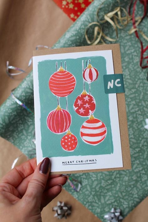 Christmas Card Paper Crafts, Bauble Christmas Cards, Christmas Greeting Card Ideas, Christmas Greeting Cards Diy, Make Your Own Christmas Cards, Painted Baubles, Hand Painted Christmas Cards, Christmas Card Wishes, Painted Christmas Cards