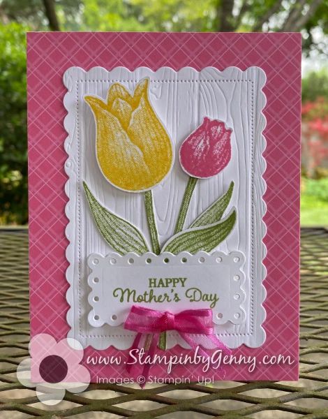 Stampin Up Timeless Tulips, Cards With Tulips, Timeless Tulips Stampin Up Cards, Tulip Cards Handmade, Stampin Up Mothers Day Cards Ideas, Stampin Up Mothers Day, Tulip Cards, Tulip Card, Box Cards Tutorial