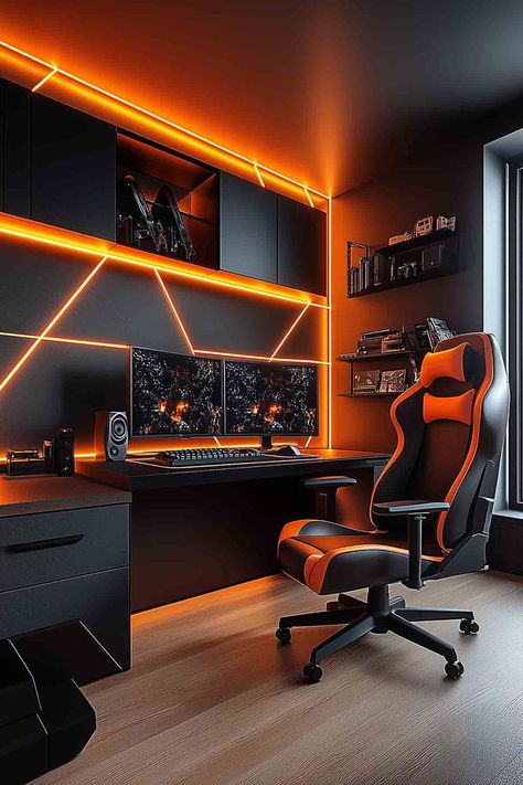 A gaming room setup featuring orange LED lights, a black and orange chair, and a modern desk with dual monitors. Orange Gaming Setup, Best Pc Setup, Work Wallpaper, Gaming Ideas, Gaming Rooms, Gaming Desk Setup, Best Gaming Setup, Home Studio Setup, Streaming Setup