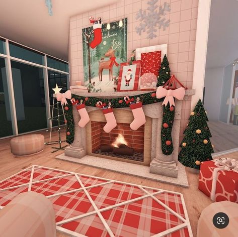 Bloxburg Christmas House Living Room, Cute Christmas Bloxburg Houses, Bloxburg Christmas Interior Ideas, Bloxburg Christmas Decorating Ideas, Cozy Christmas Bloxburg House, Blocksburg Christmas House, Christmas Bloxburg Decor, Bloxburg Christmas House Decor, Christmas Decor Bloxburg