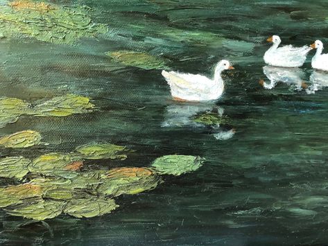 18 x 14 inches Original oil landscape painting with pallet knife - Lotus lake swans. The canvas side is painted, ready to hang without frames. Feel free to reach out if you have any questions.  You can find more me here: 🌐 Website: christinalz.com/about 🌐 Instagram: @christina.lz.art 🌐 Youtube: @ChristinaLzArt 2 Inch Canvas Paintings, Lake Painting Aesthetic, Oil Painting Landscape Wallpaper, Art Knife Painting, Frog On Lily Pad Painting, Swan Lake Painting, Green Aesthetic Painting, Canvas Art Painting Ideas, Swan Oil Painting