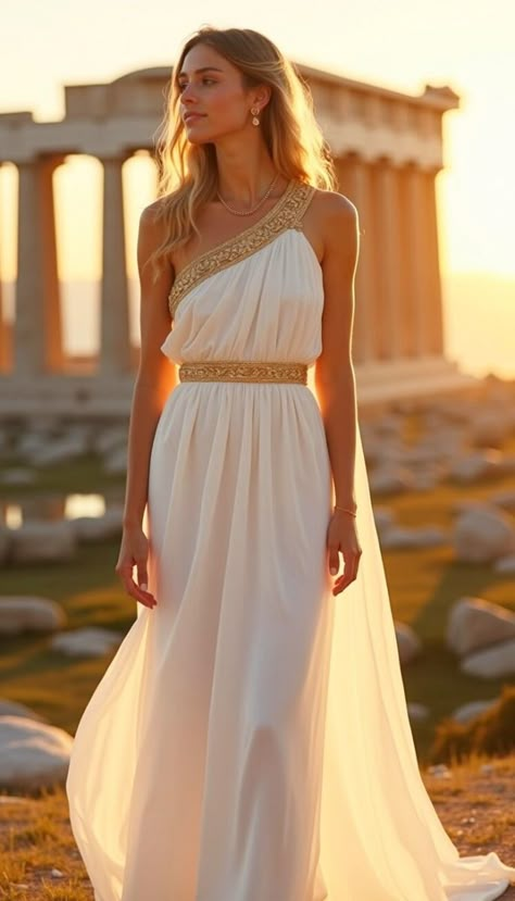 Greek Goddess Costume Ideas, Ancient Greece Outfit Ideas, Halloween Goddess Costume, Athena Dress, Greek Style Outfit, Greek Mythology Costumes Goddesses, Greek Outfit Ancient, Venus Costume Goddesses, Greek Clothes Women