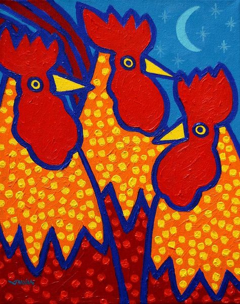 John Nolan, Whimsical Art Paintings, Rooster Painting, Chicken Painting, Garden Posts, Posca Art, Whimsical Paintings, Chicken Art, Elementary Art Projects