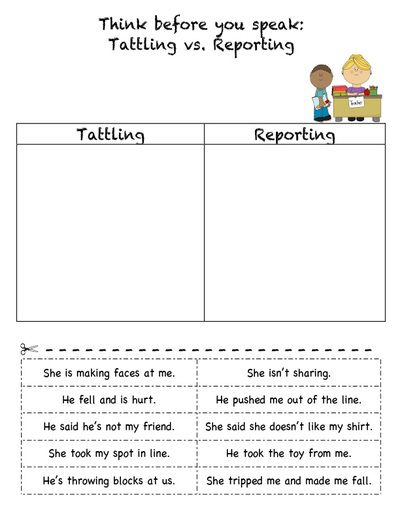 lesson on tattling vs. reporting Tattling Vs Telling Activities, Tattle Tale Form, Tattle Tale Classroom, Tattling Vs Reporting, Tattle Tail, Emotional Journal, Tattle Tale, Bad Friendship, Rainbow Activities