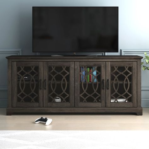 Wayfair Tv Stand, Window Paneling, Media Console Living Room, Brown Sideboard, Faux Walls, Flared Top, Interior Shelves, Media Stand, Media Cabinet