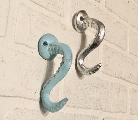 Kraken Bathroom, Coastal Towels, Octopus Bathroom, Octopus Decor, Coat Hooks Wall Mounted, Bath Hooks, Drywall Anchors, Crochet Unique, Beach Bungalow