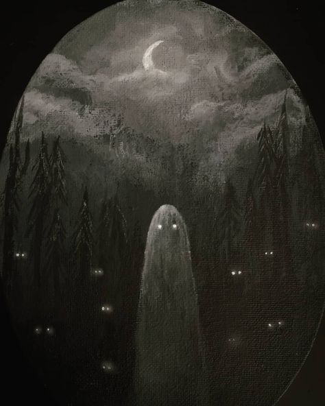 Creepy Drawing, Ghost Paintings, Spooky Illustration, Creepy Paintings, Witch Painting, Monster Collection, Forest Drawing, Shadow People, Creepy Ghost