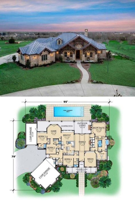 Mountain Ranch House Plans, Luxury Ranch House Plans, Single Story House Floor Plans, Ranch House Floor Plans, One Level House Plans, Luxury Ranch, House Plans Ideas, Floor Plans Ranch, House Plans One Story