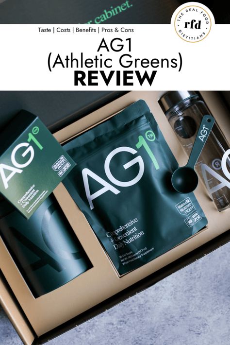 If you’ve been on social media or listened to a healthy lifestyle podcast lately, chances are good that you’ve seen an ad or two for AG1 (previously called Athletic Greens). This supplement is a vibrant green powder supplement that you mix into water and drink. We’ll walk you through how we tested this product, what we as dietitians think of the ingredient list, possible benefits, the cost, who should not use AG1, and possible alternatives (including other dietary supplements). Ag1 Athletic Greens Recipes, Ag1 Greens, Dietitian Recipes, Athletic Greens, Ads Creative Advertising Ideas, Advertising Ideas, Mushroom Powder, Ingredient List, Green Powder