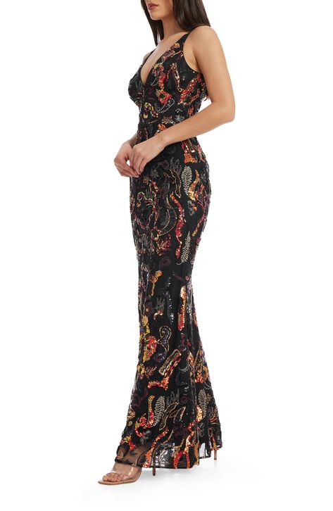 Dress the Population Sharon Embellished Sleeveless Gown in Black Multi at Nordstrom, Size Xx-Small -  #Black #Dress #Embellished #Gown #Multi #Nordstrom #Population #Sharon #Size #Sleeveless #XxSmall Winter Gowns Formal, Asian Gowns, Vintage Sequin Dress, Invisible Closet, Black And Orange Dress, Jinafire Long, Winter Gowns, Floral Evening Dresses, Red Lily