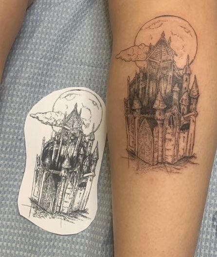 Lil Peep Castles, Castles Tattoo, Tattoo Castle, Side Thigh Tattoos, Emo Tattoos, Castle Tattoo, Lyric Tattoos, Wicked Tattoos, Cute Little Tattoos