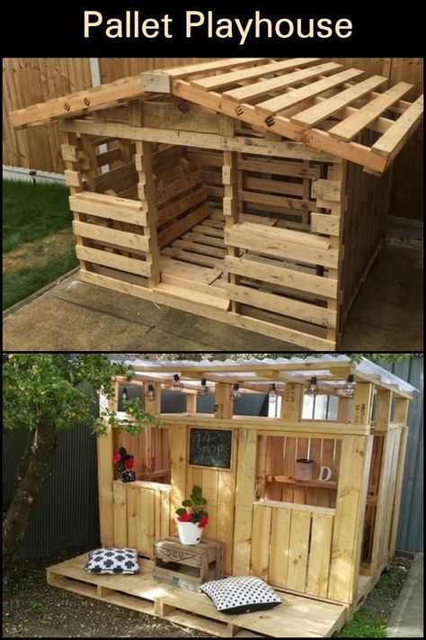 Pallet Playhouse, Build A Playhouse, Pallet House, Reclaimed Pallets, Pallet Decor, Recycled Pallets, Pallet Crafts, Backyard Playground, Diy Holz