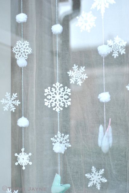 Snowflakes & pom pom snowballs | Blogged at Torie Jayne.com … | Flickr Diy Christmas Fireplace, Winter Wonderland Decorations, Frozen Themed Birthday Party, Christmas Fireplace Decor, Winter Wonderland Party, Seni Dan Kraf, Winter Wonderland Christmas, Office Christmas Decorations, Snowflake Decorations