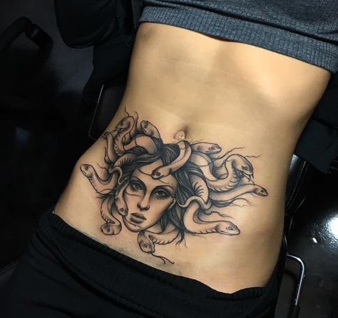 Medusa Belly Tattoo Lower Belly Tattoos, Abdomen Tattoo, Lower Stomach Tattoos, Tummy Tattoo, Stomach Tattoos Women, Medusa Tattoo Design, Belly Tattoos, Belly Tattoo, Medusa Tattoo