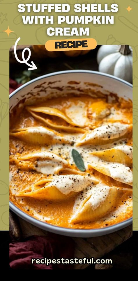 Stuffed Shells With Pumpkin Cream Sauce Description: These Stuffed Shells with Pumpkin Cream Sauce are a fall-inspired twist on a classic pasta dish. Jumbo pasta shells are stuffed with a rich blend of cheeses, including ricotta, mozzarella, and Parmigiano Reggiano, and then baked in a velvety pumpkin cream sauce flavored with fresh rosemary and nutmeg. #StuffedShells Pumpkin Cream Recipe, Pumpkin Cream Sauce, Simple Delicious Recipes, Jumbo Pasta Shells, Wholesome Meals, Pasta Shells, Parmigiano Reggiano, Stuffed Pasta Shells, Food Favorites