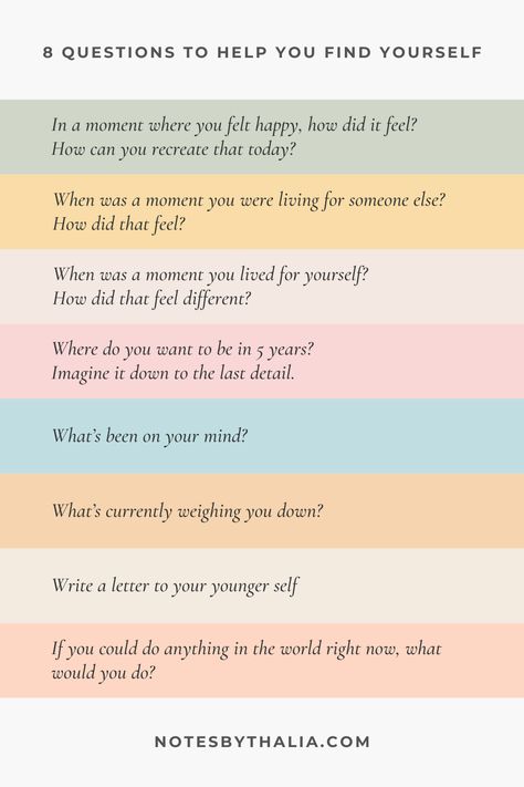 8 Questions and Journal Prompts To Help You Find Yourself During Times of Struggle Infographic black italic text on coloured rectangles Self Understanding Questions, How To Find Out What Makes You Happy, Sense Of Self Activities, People Pleaser Journal Prompts, Daily Thoughts Journal, Journal Prompts When Feeling Down, Journal Prompts For Comparison, Journal Prompts For Physical Health, Mental Health Prompt Questions