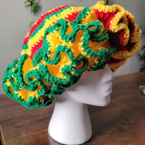 #Rasta #colors #crochet #ruffle #hat #red #green #yellow with color accents on brim Crochet Ruffle Hat, Ruffle Hat, Rasta Colors, Crochet Ruffle, Color Accents, Red Green Yellow, Accent Colors, Green Yellow, Red Green