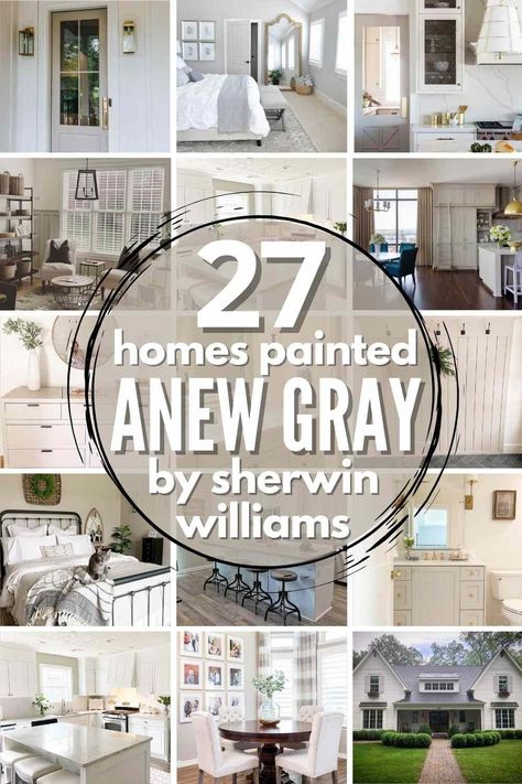 Is Sherwin Williams Anew Gray your perfect greige paint color? See it in 27 real homes so you can decide for yourself! We'll break down the color, explore the undertones and more in this paint review. #anewgray #sherwinwilliamsanewgray #anewgraykitchen #anewgraycabinets #anewgrayexterior #anewgraylivingroom #anewgraybedroom #anewgraybathroom #anewgraytrim #anewgraydoor Anew Grey Color Palette, Anew Gray Sherwin Williams Color Palette, Greige Paint Sherwin Williams, Sherwin Williams Anew Gray, Anew Gray Sherwin Williams, Sherwin Williams Agreeable Gray, Greige Paint Color, Perfect Grey Paint Color, Perfect Greige