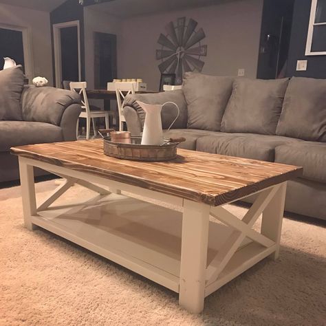 Two tone coffee table White And Brown Coffee Table, Country Farmhouse Coffee Table, Cooffe Style Table, Wood Top Coffee Table, Two Tone Coffee Table, Farm Style Coffee Table, Country Style Coffee Table, Country Coffee Table, Coffee Table Decor Living Room