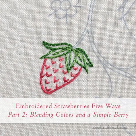 On Monday, we started a series of tutorials on how to embroider strawberries five ways, and in that first article, which you'll find here, there's a materials list and a free pattern for the strawberry design.You can stitch along with the series - it's not too late to start - or you can come bac Burden Stitch, Embroidered Strawberry, Strawberry Embroidery, Couching Stitch, Strawberry Design, Pink Stitch, Crochet Edging Patterns, Beadwork Patterns, Simple Embroidery