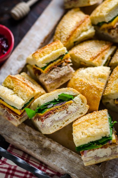 Chicken Bacon Sandwiches With Raspberry Honey Mustard Sandwich Picnic, Chicken Bacon Sandwich, Christmas Picnic, Bacon Sandwiches, Business Bakery, Honey Mustard Recipes, Pressed Sandwich, Picnic Sandwiches, Sandwich Ingredients