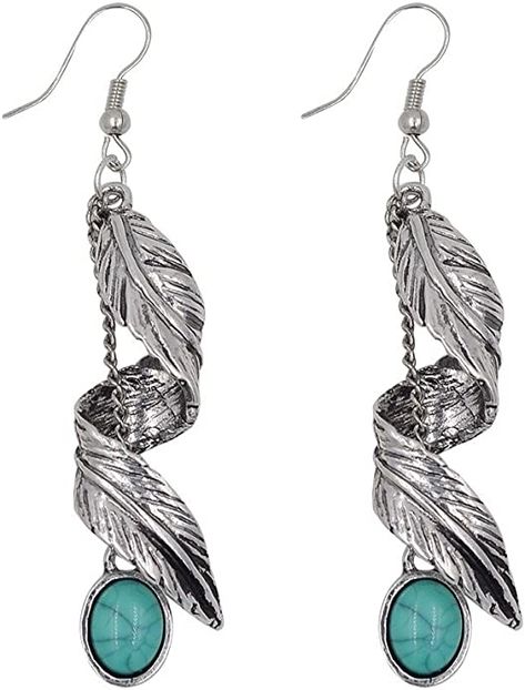 Amazon.com: Women Girls Bohemia Tribal Antique Silver Leave Dangle Earrings Vintage Feather Turquoise Bead Drop Earrings Nickel Free: Clothing, Shoes & Jewelry Popular Earrings, Silver Turquoise Jewelry, Turquoise Drop Earrings, Golden Jewelry, Silver Jewellery Sets, Beaded Drop Earrings, Feather Earrings, Turquoise Pendant, Silver Earrings Dangle