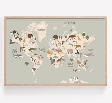 Fun learning Animal World Map Print makes a great addition to your babys nursery, child’s room, or make a great feature in a Playroom. You can choose from a range of different sizes. Please kindly note this listing is a Physical Print (and will be Shipped). Please note that physical prints do not Kids Boy Bedroom, Map Canvas Painting, Teenage Boys Room, Living Room Canvas Painting, World Map Printable, Style Bedroom Ideas, Map Nursery, Baby Boys Room, Kids World Map