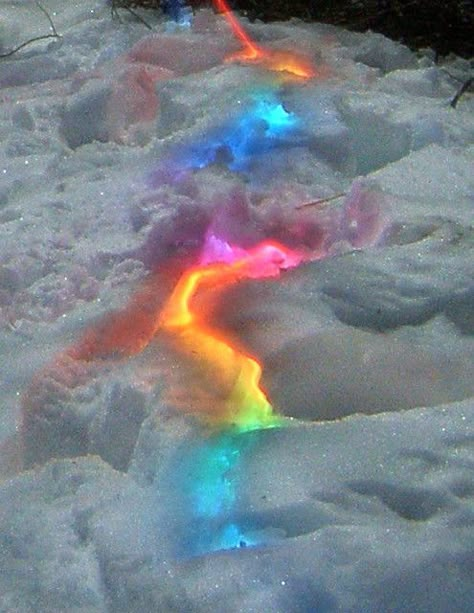 <3 (Christmas lights under the snow) - Richard Smith  "This photo has made it all around the internet, and along the way, has some got some wrong info attached. That is that it is not christmas lights under the snow. rather it is a long exposure photo of multi color wand I drug through the snow." Snow Fun, Glow Sticks, Alam Yang Indah, Winter Fun, Winter Activities, Over The Rainbow, A Rainbow, Funny Things, Percy Jackson