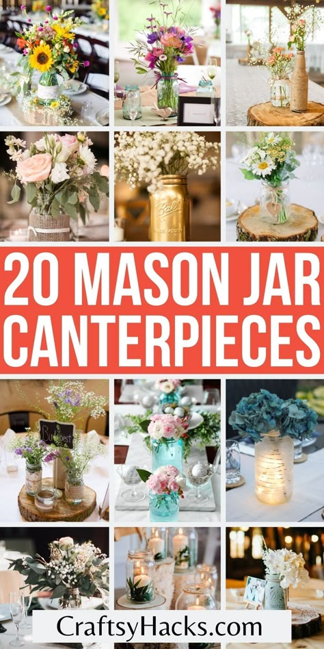 Mason Jar Centre Piece Diy Wedding, Mason Jar’s Centerpieces, Diy Mason Jar Flowers, Diy Vases Centerpiece, Wedding Table Decor Mason Jars, Simple Rustic Wedding Centerpieces Mason Jars, Wedding Decor With Mason Jars, Wedding Decorations With Mason Jars, Simple And Cheap Wedding Centerpieces