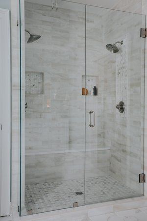 Double Shower Head Showers, Double Shower Glass Door, Double Shower Master Bath, Open Shower With Bench, Bathroom Two Shower Heads, Master Shower Two Showerheads, Bathroom With Two Shower Heads, Shower With Double Shower Heads, 5x5 Shower Master Bath