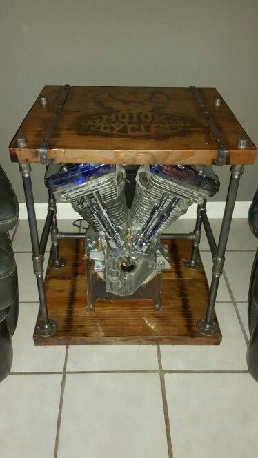 Harley motor table Motorcycle Bar Design, Motorcycle Furniture Ideas, Motorcycle Home Decor, Motorcycle Garage Ideas, Motorcycle Man Cave Ideas, Motorcycle Furniture, Motorcycle Man Cave, Motorcycle Room, Mudroom Dog Room