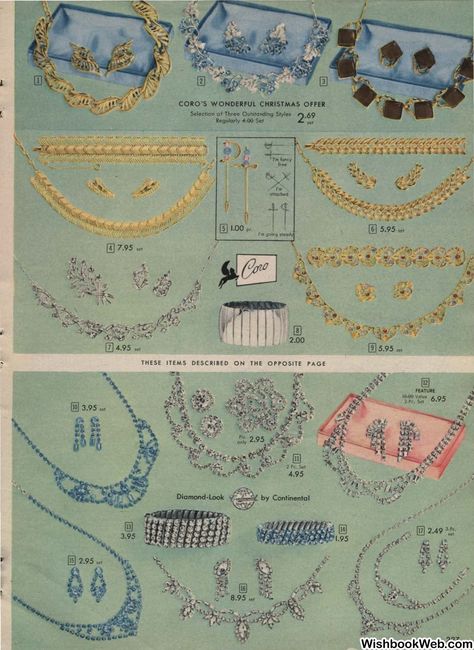 1950s Vintage Jewelry Inspiration as seen in a 1957 Simpson-Sears Canada Christmas Catalog. Coro Jewelry, Diamond Like Jewelry and More! Jewellery Advertising, Canada Christmas, Bracelet Rings, Vintage Jewelry Antique, Coro Jewelry, Jewelry Design Drawing, Jewelry Ads, Rings Necklace, Christmas Catalogs