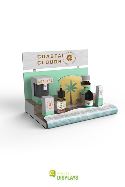 This custom designed CBD countertop display features a ocean themed that exemplifies the brand Coastal Clouds. Showcase your CBD products! oil, vape, tincture, and edibles. We work in all types of materials; wood, plastic, metal, cardboard, acrylic, and More. Visit our website to discover more ideas or request a quote. #simplydisplays #retaildisplay #POPdisplay Pop Display Design, Counter Display Design, Display Counter Design, Product Display Ideas, Posm Display Design, Chocolate Business Ideas, Branding Display, Brand Display, Acrylic Countertop