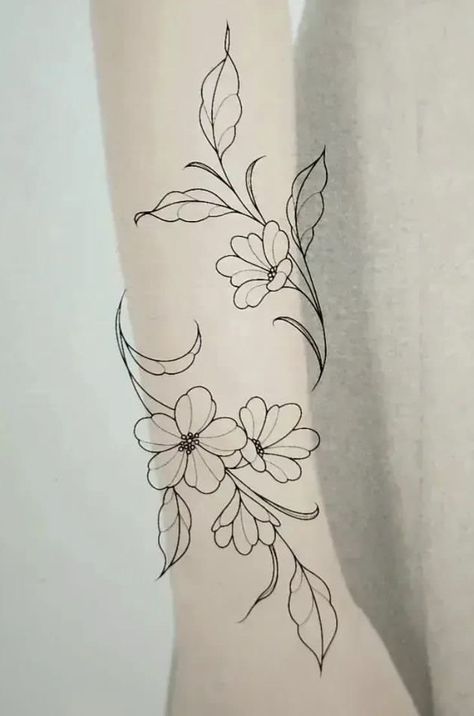 Wrapping Floral Tattoo, Flower Line Tattoo Arm, Flower Wrap Around Tattoo Stencil, Flower Vine Tattoo Design, Delicate Floral Tattoo Design, Carnation Wrap Around Tattoo, Floral Tattoo Design Fine Line, Flower Vine Tattoo Arm Sleeve Stencil, Flowers With Vines Tattoo