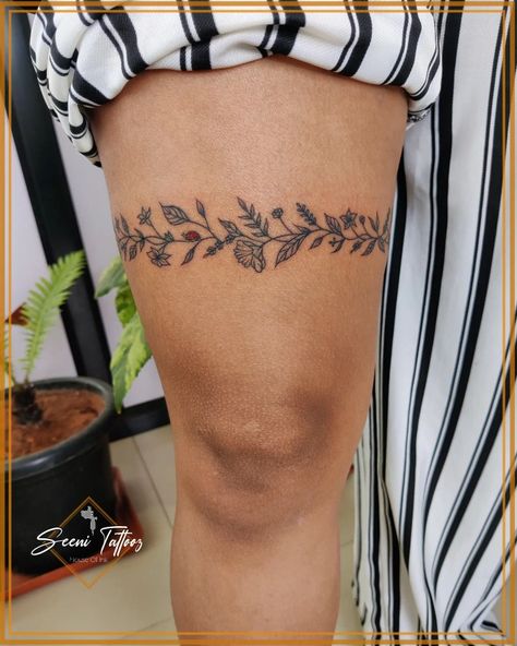 Tattoo Around Thigh Wraps, Floral Thigh Cuff Tattoo, Thigh Cuff Tattoo Women, Wrap Around Thigh Tattoo Women, Calf Band Tattoo, Leg Band Tattoo Women, Wrap Around Thigh Tattoo, Thigh Band Tattoo Women, Thigh Cuff Tattoo