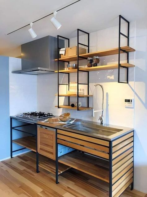 Small Industrial Kitchen, Small Room Kitchen, Industrial Kitchen Design Ideas, Kitchen Industrial, Industrial Kitchen Design, Desain Pantry, Simple Kitchen Design, Metal Furniture Design, Metal Kitchen