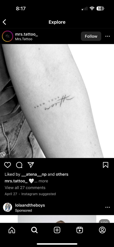 You Are Mine Tattoo, Know Your Worth Tatoos, Know Your Worth Quotes Tattoo, She Overcame Everything That Was Meant To Destroy Her Tattoo, Know Your Worth Tattoo Ideas, Know Your Worth Tattoo For Women, Worth It Tattoo, Worthy Tattoos For Women, You Are Enough Tattoo