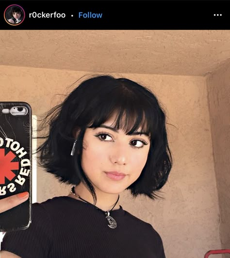 Grunge Hair Round Face, Edgy Female Haircut, Short Hair With Bangs Edgy, Short Black Hair With Bangs Round Faces, Types Of Bobs Haircuts, Goth Bangs Short Hair, Short Hair With Two Long Strands, Dark Bob With Bangs, Short Haircut With Bangs And Layers