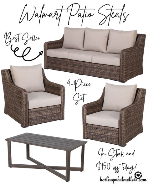 Walmart Patio Steals | Walmart has had some incredible patio furniture the past few years. I’ve tested out various pieces on friend’s patios. This set is my favorite. Love the color, size, number of pieces, and shape of the coffee table. It is priced as a set of 4 pieces! It’s $150 off today and came be shipped! The sell out extremely quickly. If you want to deal act swiftly. If they sell out, I’ll post again when they are in stock. ❤️ #liketkit http://liketk.it/35qxi @liketoknow.it #StayHom Affordable Patio Furniture, Better Homes And Garden Patio Furniture, Long Patio Furniture Layout, Patio Furniture Small Space, Patio Conversation Set Ideas, Pool Furniture Ideas Layout, Deck Furniture Ideas Layout, Farmhouse Patio Furniture, Comfy Patio Furniture