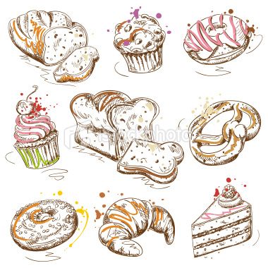 Beautifully illustrated baked goods by HelgaMariah, http://www.istockphoto.com/stock-illustration-16263524-baked-goods-drawings.php Baked Goods Drawing, Baking Drawings, Recipe Book, Cool Drawings, Calculator, Baked Goods, How To Use, Stock Illustration, Character Art